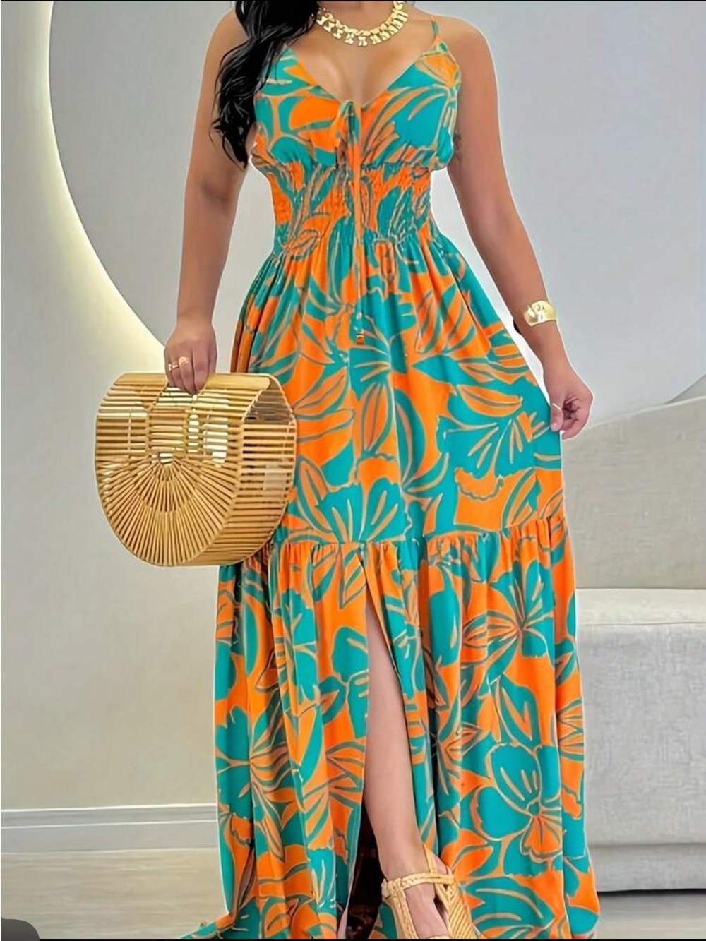 Women’s Turquoise & Orange Floral Maxi Dress   Size Large L